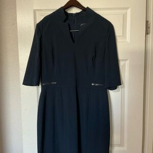 Tailored Navy Midi Dress with Notched Neckline